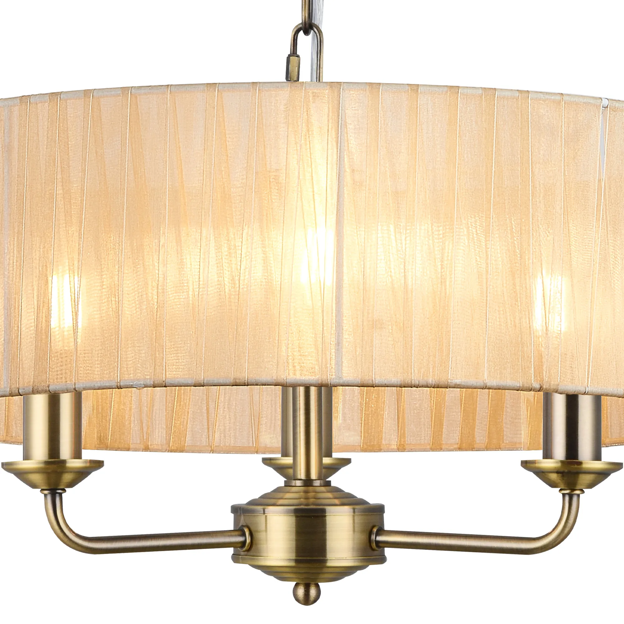 Banyan 3 Light Multi Arm Pendant With 45cm x 15cm Organza Shade Antique Brass/Soft Bronze DK0869  Deco Banyan AB SB